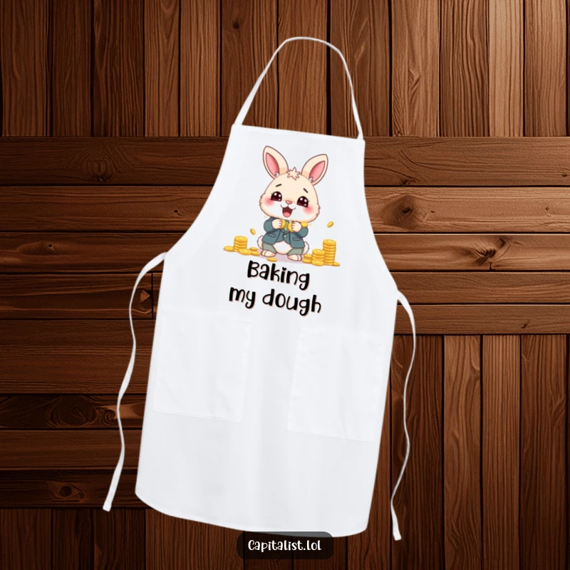 Funny apron showcasing a fluffy bunny in a suit, gleefully counting a pile of coins while standing in a kitchen setting.