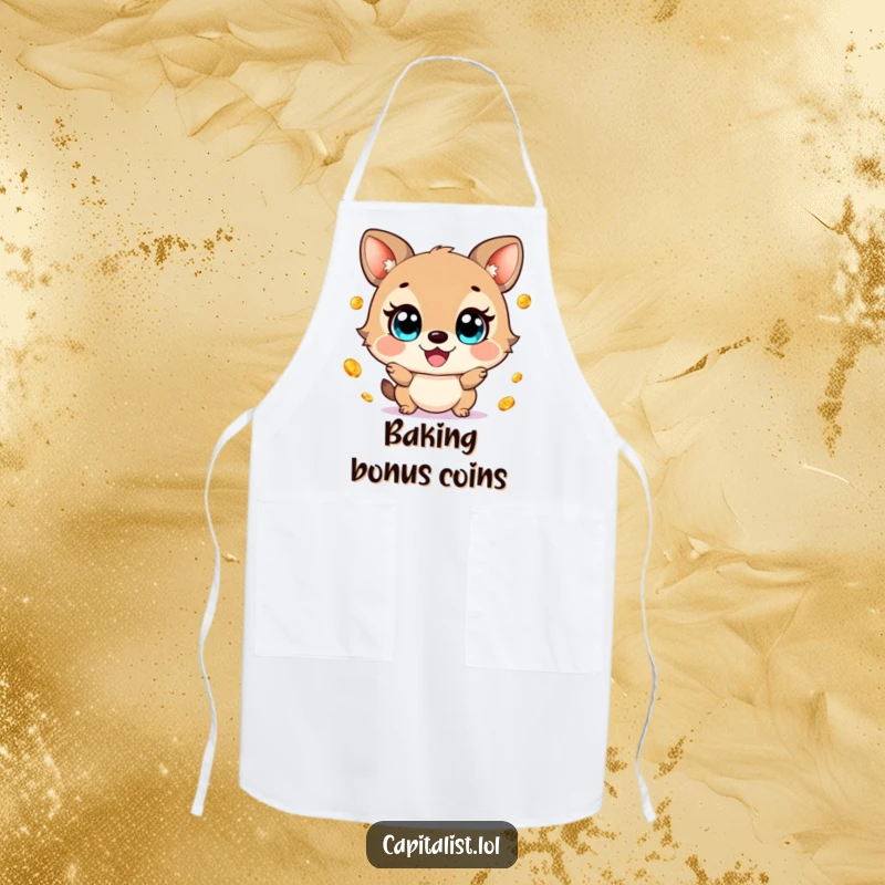 Funny cooking apron featuring a cheerful animal with wide eyes, gleefully juggling small, shimmering gold coins, ideal for kitchen fun and humor.
