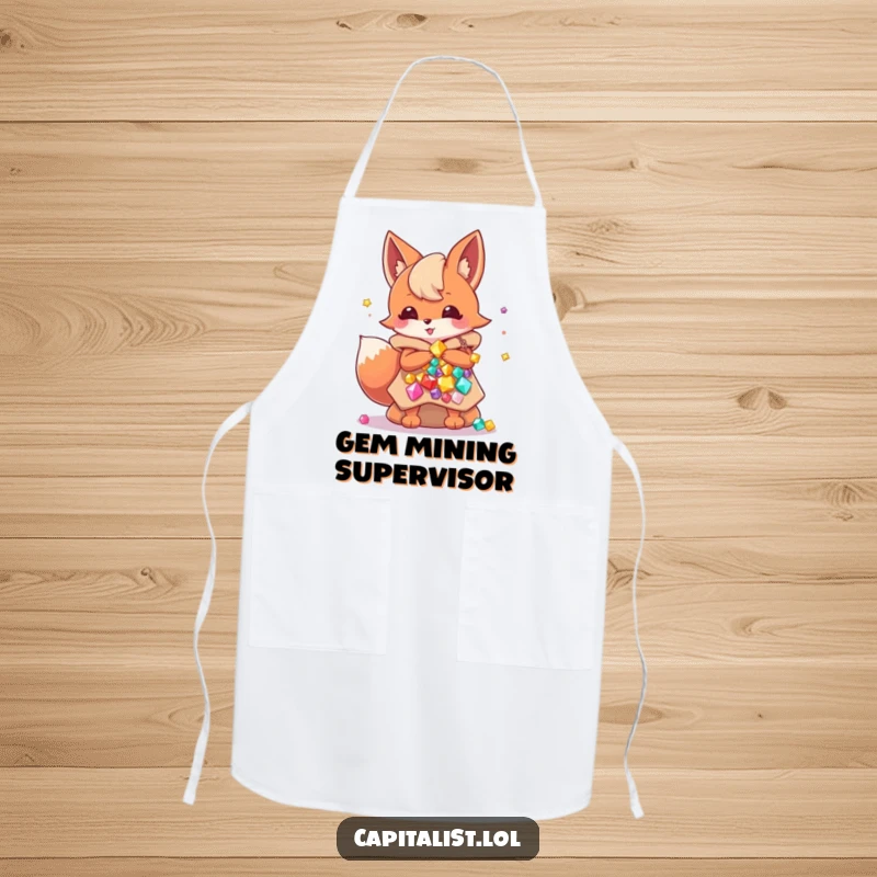 Funny apron featuring an energetic fox sprite gleefully holding jewel-filled bags while cooking, bringing a humorous and wealthy vibe to the kitchen.