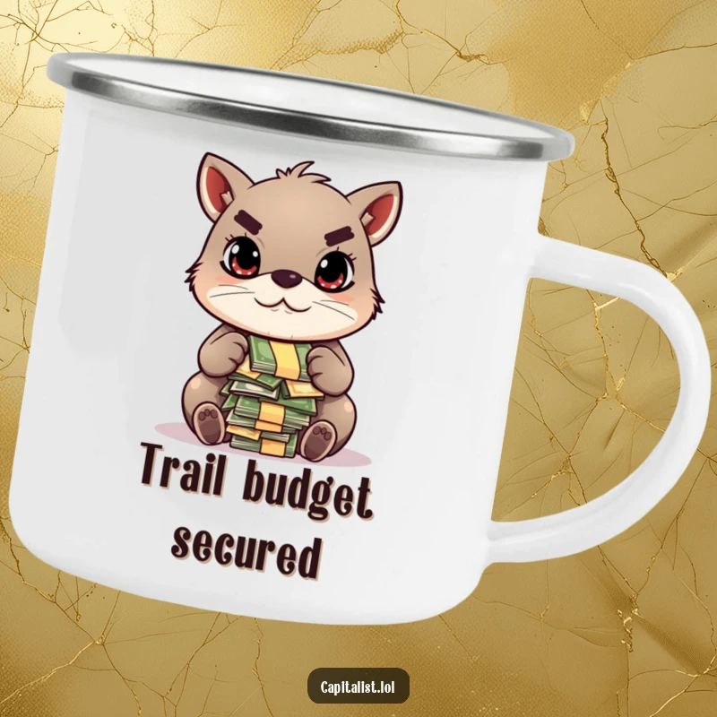 Funny enamel camping mug featuring a determined animal with a focused gaze, counting a pile of colorful bills, perfect for outdoor planning.