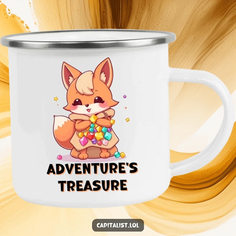 Funny camping mug featuring an energetic fox sprite hoarding colorful gems, perfect for enjoying hot beverages during outdoor adventures with a humorous twist.
