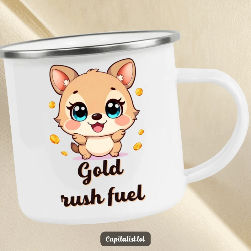Funny enamel camping mug featuring a cheerful animal with wide eyes, gleefully juggling small, shimmering gold coins, perfect for outdoor fun.
