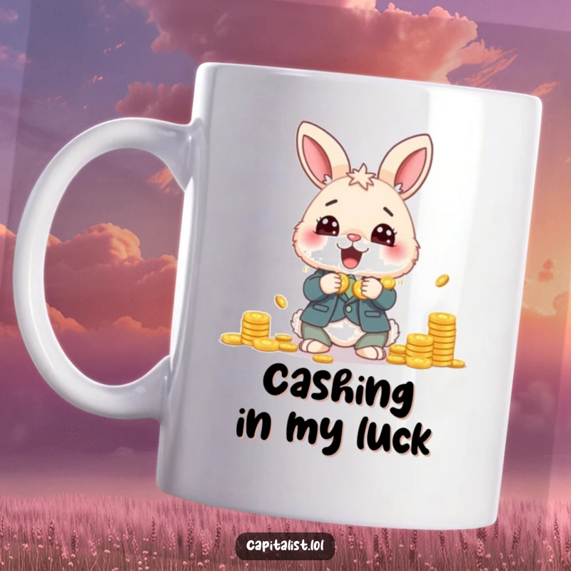Funny mug featuring a fluffy bunny in a sharp suit, eyes wide with joy while excitedly counting a pile of shiny coins.