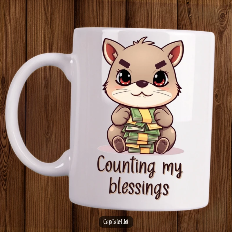 Funny coffee mug showing a determined animal with a focused gaze, intently counting a large pile of colorful currency bills, exuding business acumen.