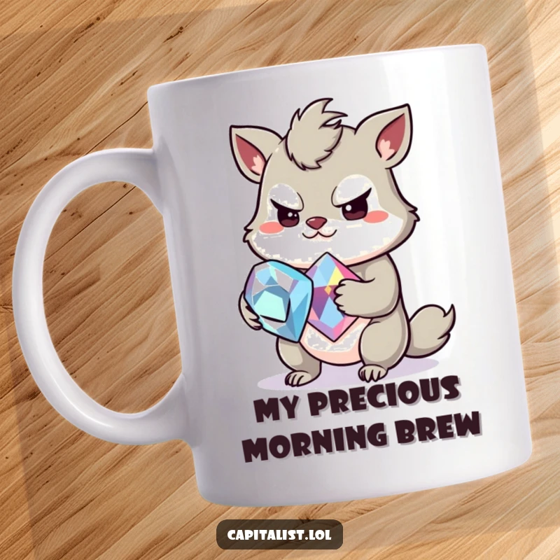 Funny coffee mug showing a slightly greedy animal with a mischievous grin, tightly clutching a large, sparkling gemstone, radiating playful avarice.