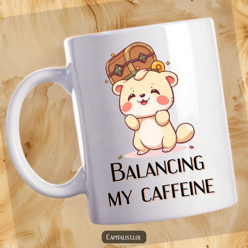 Funny coffee mug showing a playful animal with intense concentration, attempting to balance a tiny, overflowing treasure chest on its head, full of joy.
