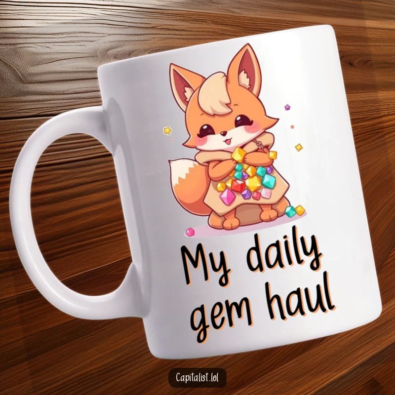 Funny mug featuring an energetic fox sprite with a massive pile of gem-filled bags, symbolizing overflowing wealth and playful greed.