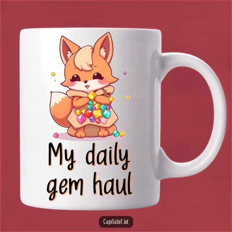 Funny Fox Gem Hoarder Mug: Energetic Sprite Carrying Bags of Jewels, a Perfect Quirky Gift