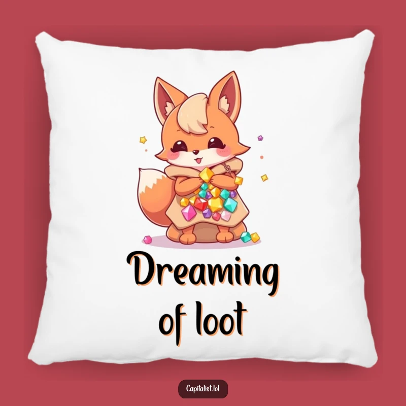 Funny Fox Gem Hoarder Pillow: Energetic Sprite Cuddles Wealth, Cozy & Humorous Decor