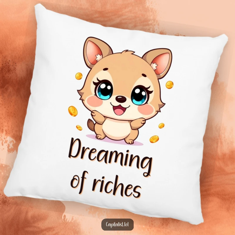 Funny decorative pillow with a cheerful animal's wide eyes, gleefully juggling small, shimmering gold coins, adding a touch of humor and comfort.