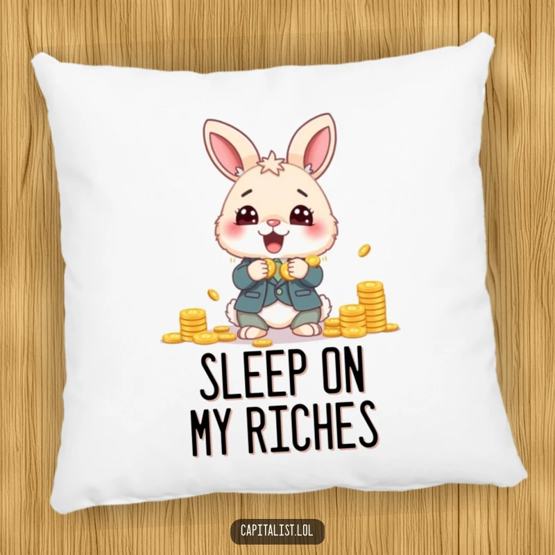 Funny pillow featuring a fluffy bunny in a financial suit, eyes shining with delight as it holds and counts many shiny coins.
