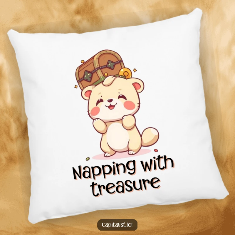 Funny decorative pillow with a playful animal attempting to balance a tiny, overflowing treasure chest on its head, adding whimsy and humor.