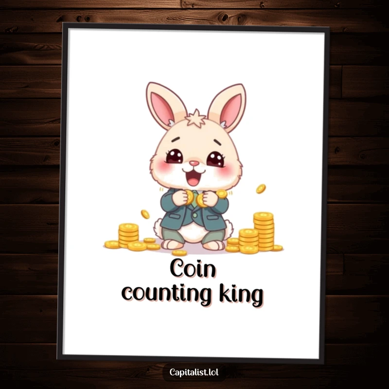 Funny digital art print of a fluffy bunny in a suit, eyes wide with excitement while counting a mountain of shiny coins.