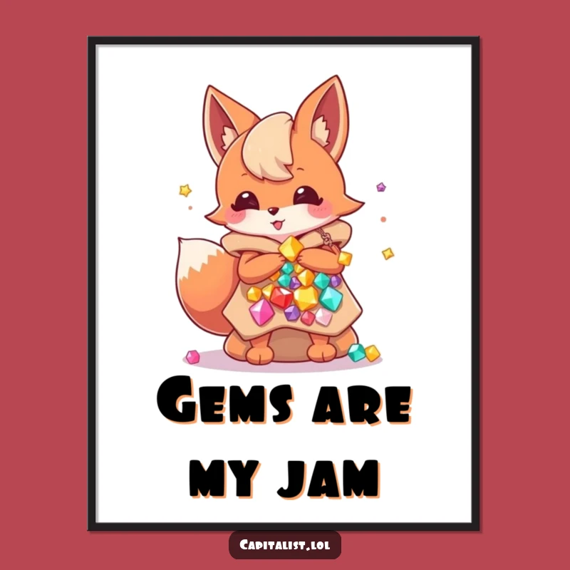 Funny Fox Gem Hoarder Digital Art: Energetic Sprite's Vibrant Gem Overflow, Instant Joy