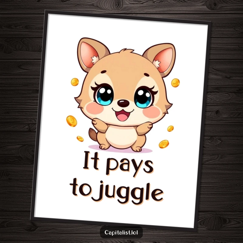 Funny digital art print of a cheerful animal with wide eyes, gleefully juggling small, shimmering gold coins, capturing pure happiness and abundance.