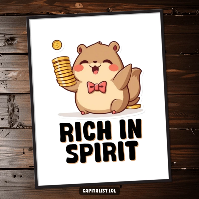 Funny digital art print of a plump, brown animal in a tiny bowtie, excitedly holding a stack of stylized coins, for opulent decor.