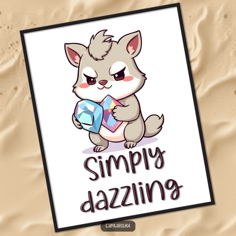 Funny digital art print of a slightly greedy animal with a mischievous grin, clutching a large, sparkling gemstone, capturing playful avarice and luxury.