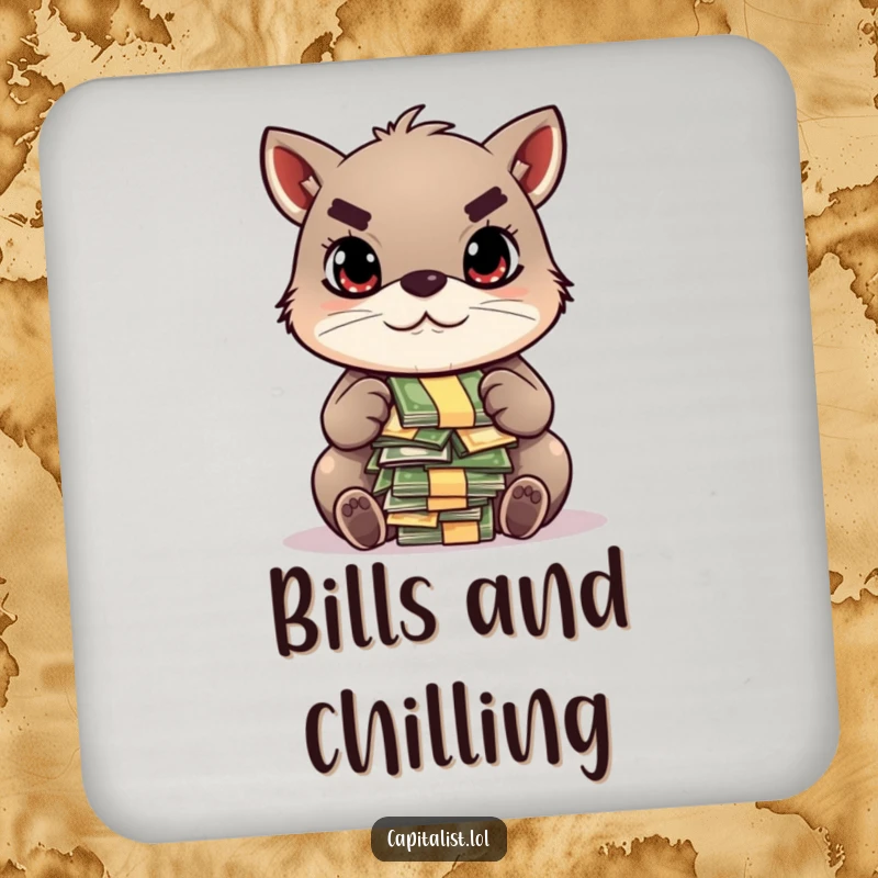 Funny drink coaster showing a determined animal with a focused gaze, counting a pile of colorful bills, protecting surfaces with financial humor.