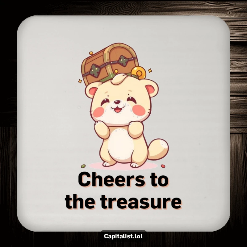 Funny drink coaster showing a playful animal attempting to balance a tiny, overflowing treasure chest on its head, protecting surfaces with humor.