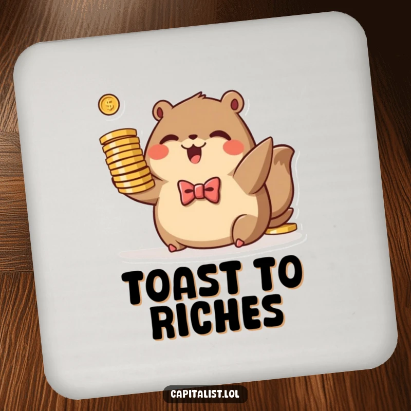 Funny drink coaster displaying a plump, brown animal in a tiny bowtie, excitedly holding a stack of stylized coins, for elegant protection.