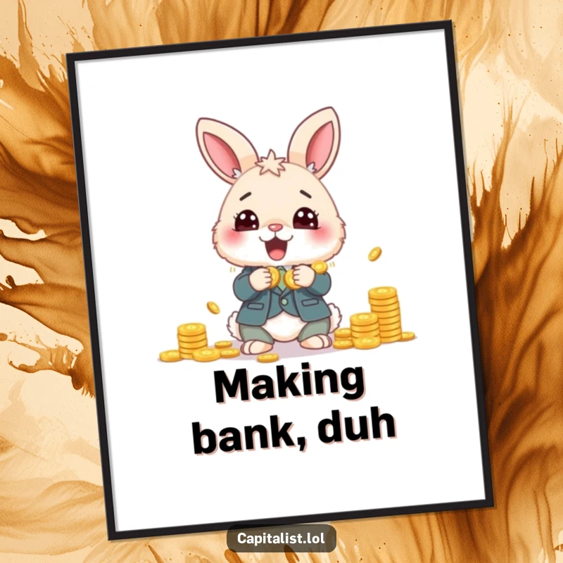 Funny poster of a fluffy bunny in a sharp suit, eyes wide with glee as it counts a sizable pile of shiny coins.