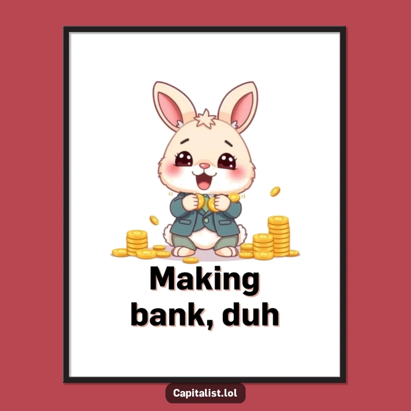 Funny Bunny Banker Poster: Fluffy Suit Counting Coins, Whimsical Financial Art