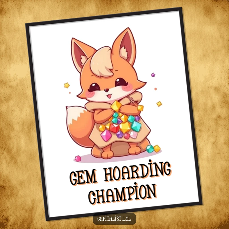 Funny poster of an energetic fox sprite balancing an impressive stack of bags, all bursting with colorful, precious gems, radiating pure joy.