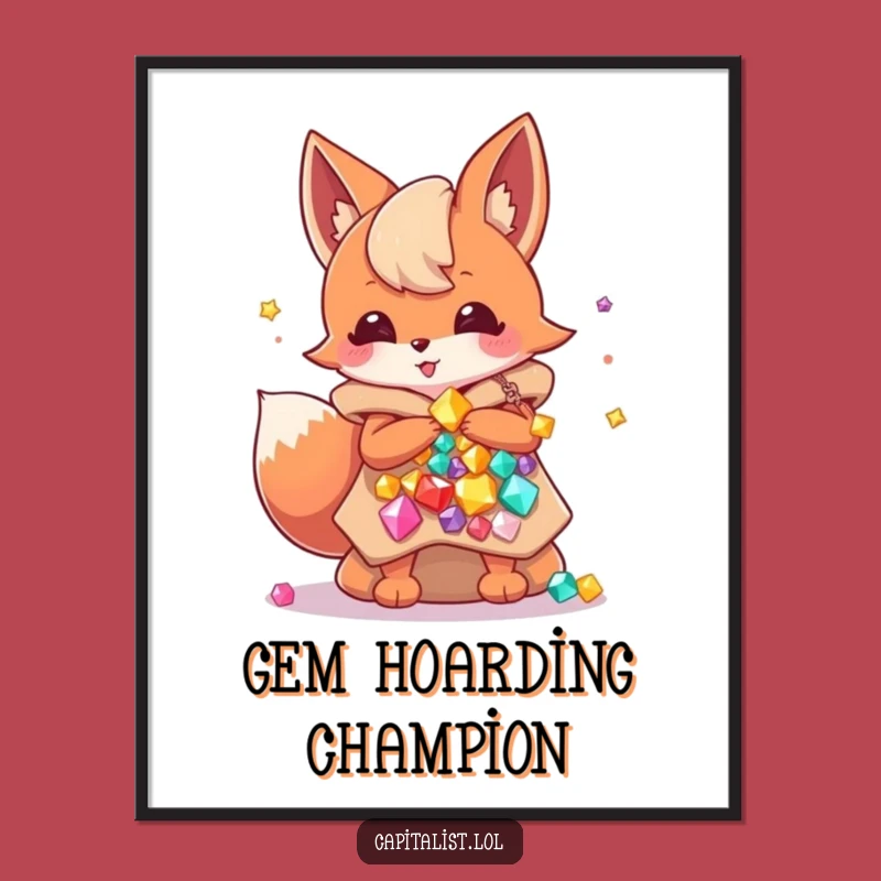 Funny Fox Gem Hoarder Poster: Energetic Sprite with Jewel-Filled Bags, Vibrant Wall Art