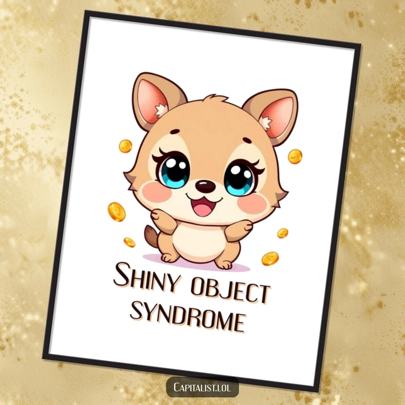 Funny poster print of a joyful animal with wide eyes, gleefully juggling small, shimmering gold coins, creating a vibrant and humorous wall display.