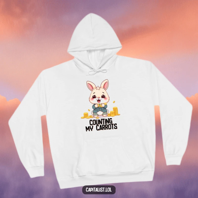 Funny hoodie featuring a fluffy bunny in a financial suit, eyes wide with delight while meticulously counting a large pile of coins.