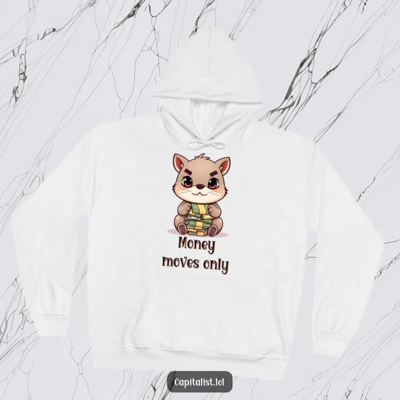 Funny hooded sweatshirt of a determined animal with a focused gaze, counting a pile of colorful bills, ideal for cozy, financially-minded moments.
