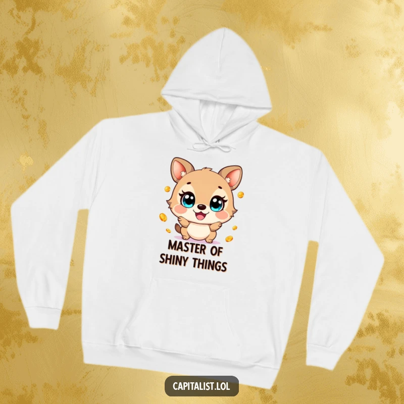 Funny hooded sweatshirt featuring a wide-eyed, cheerful animal happily juggling shimmering gold coins, perfect for cozy and humorous moments.