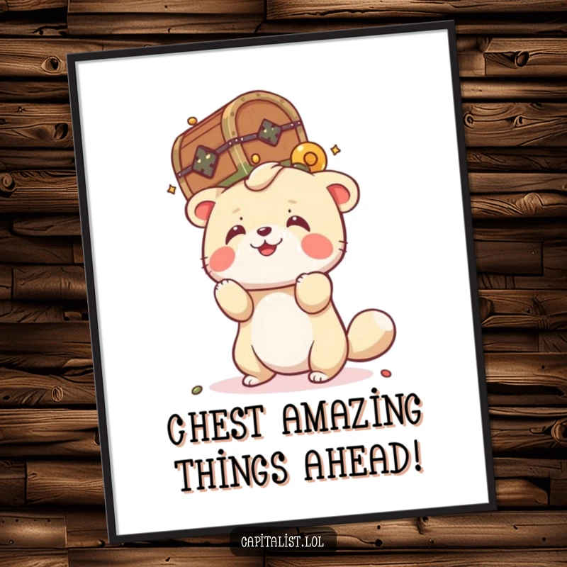 Funny Free Printable Wall Art: Playful animal humorously attempts to balance a tiny, overflowing treasure chest on its head.