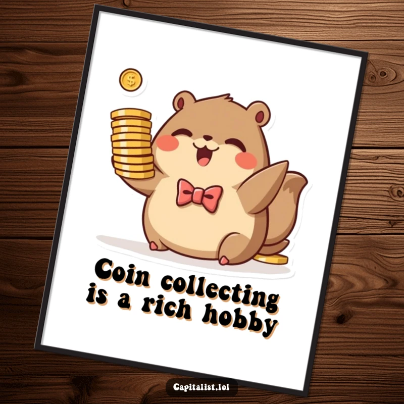 Funny Free Printable Wall Art: Plump brown animal in a bowtie, excitedly holding a stack of stylized coins, symbolizing luck.