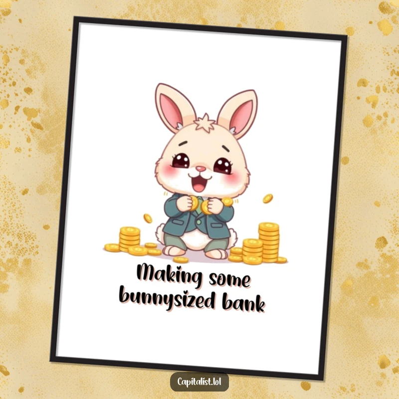 Funny Free Printable Wall Art: Fluffy Bunny in a financial suit excitedly counting a huge pile of golden coins with cheerful, wide eyes.