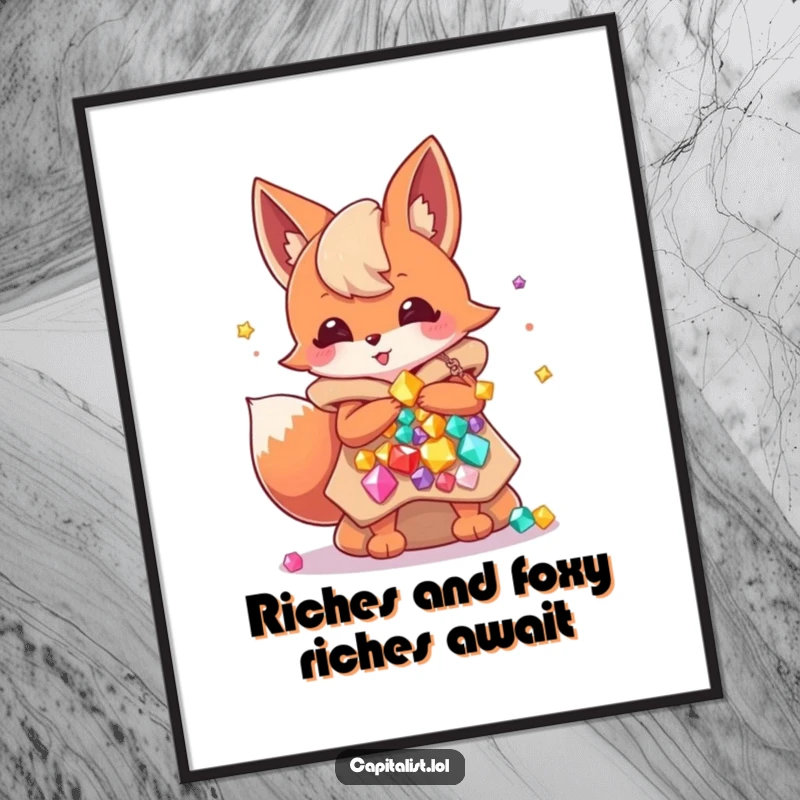 Funny Free Printable Wall Art: Energetic Fox Sprite joyfully guarding stacks of bags filled with dazzling, colorful gems, a treasure hunter.