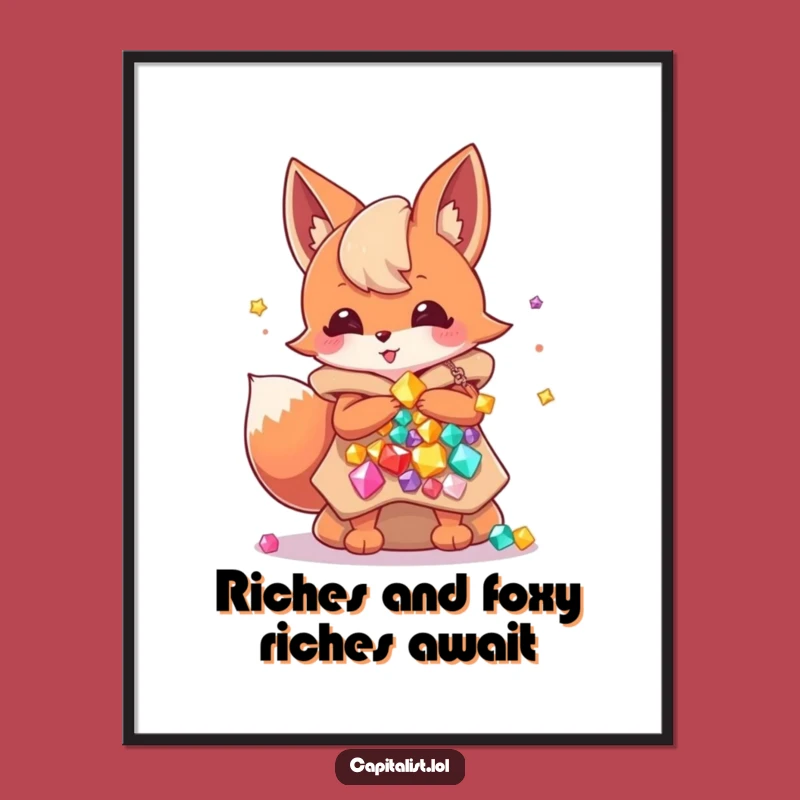 Funny Free Printable Wall Art: Energetic Fox Sprite hoarding Gem Bags - Downloadable Decor!