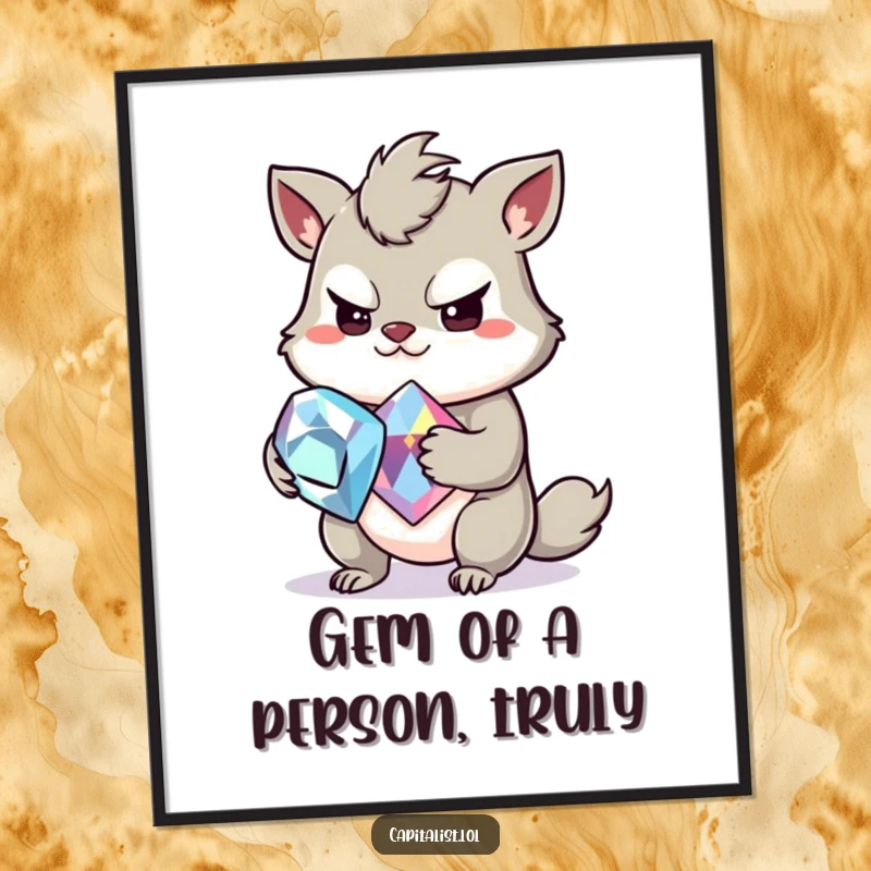 Funny Free Printable Wall Art: Slightly greedy animal grins mischievously while clutching a large, sparkling gemstone.