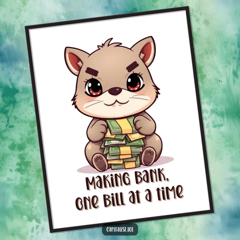 Funny Free Printable Wall Art: Determined animal with a focused gaze counts a large pile of colorful bills.