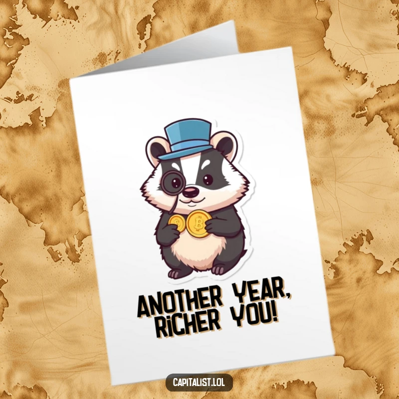 Funny Free Printable Birthday Card: Small, round badger in a top hat and monocle, holding a gold coin, wishing a lavish birthday.