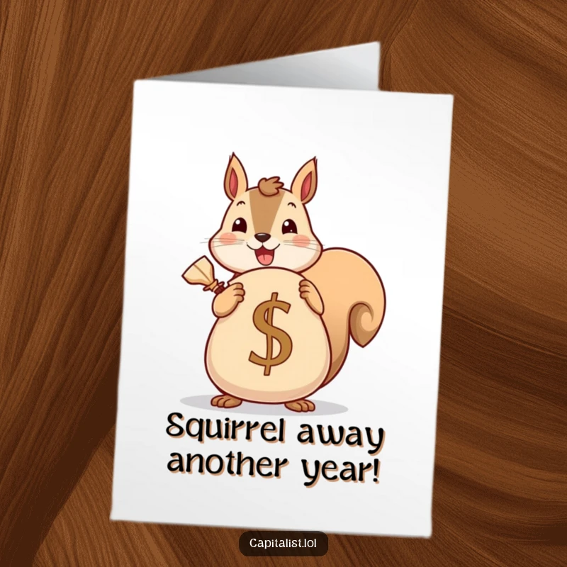 Funny Free Printable Birthday Card: Cheerful Squirrel gleefully holding a large sack marked with a dollar sign, ready for a birthday splurge.