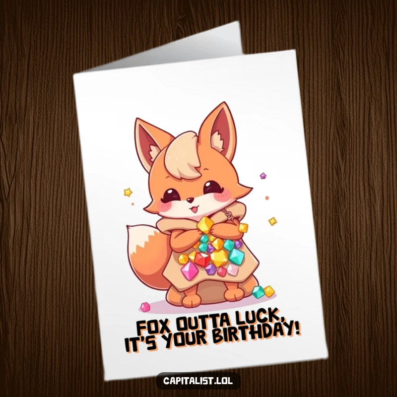 Funny Free Printable Birthday Card: Energetic Fox Sprite with Bags of Gems, ready to celebrate your big day with sparkle.