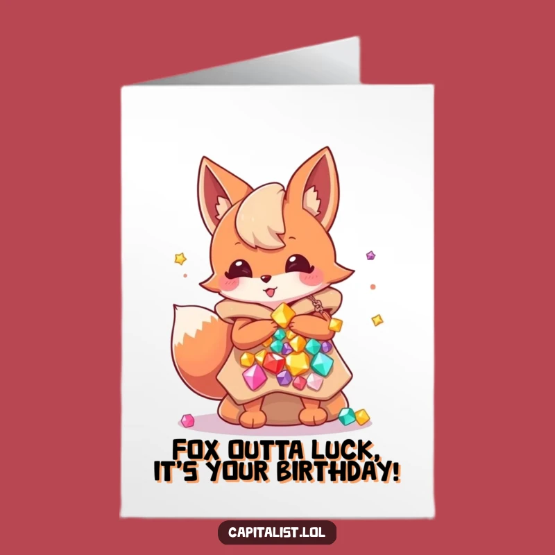 Funny Free Printable Birthday Card: Energetic Fox Sprite with Gem Bags - Downloadable Gift