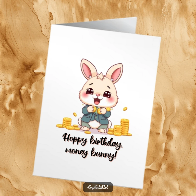 Funny Free Printable Birthday Card: Fluffy Bunny in a suit gleefully counting a pile of shiny coins with wide, excited eyes.
