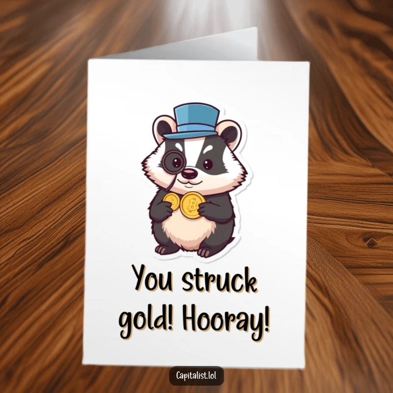 Funny Free Printable Congratulations Card: Small, round badger wearing a top hat and monocle, holding a gold coin, signifying great success.