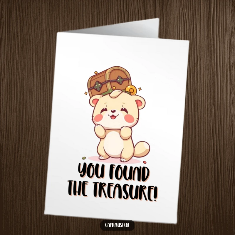 Funny Free Printable Congratulations Card: Playful animal balances a tiny, overflowing treasure chest on its head, signifying abundant success.