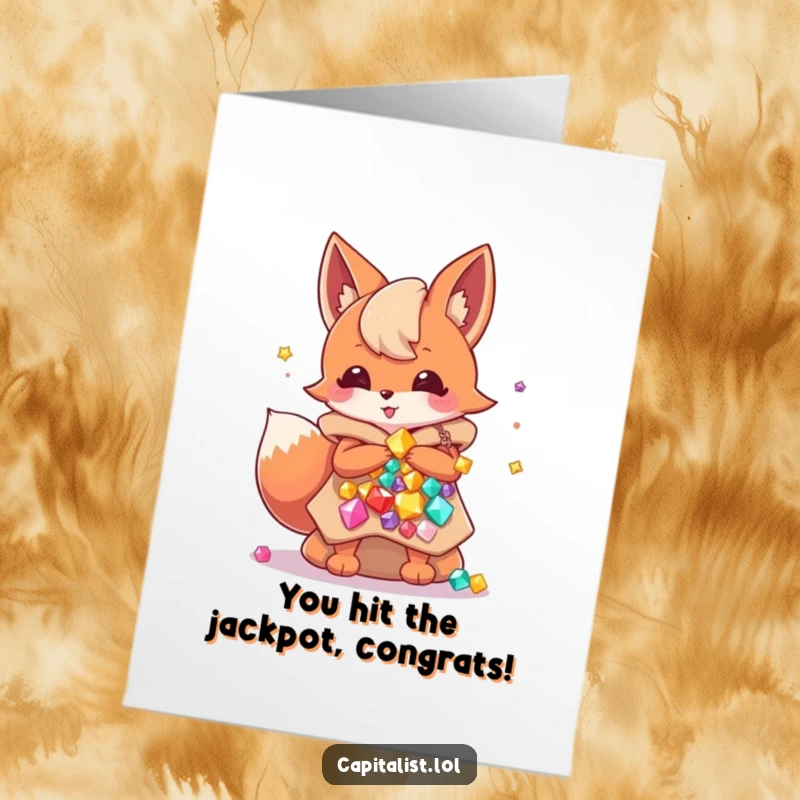 Funny Free Printable Congrats Card: Energetic Fox Sprite beaming over overflowing bags of colorful, sparkling gems, celebrating success.
