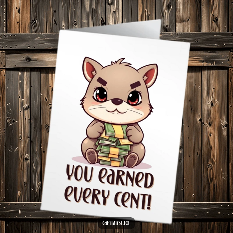 Funny Free Printable Congratulations Card: Determined animal intently counts a pile of colorful bills, symbolizing financial success.