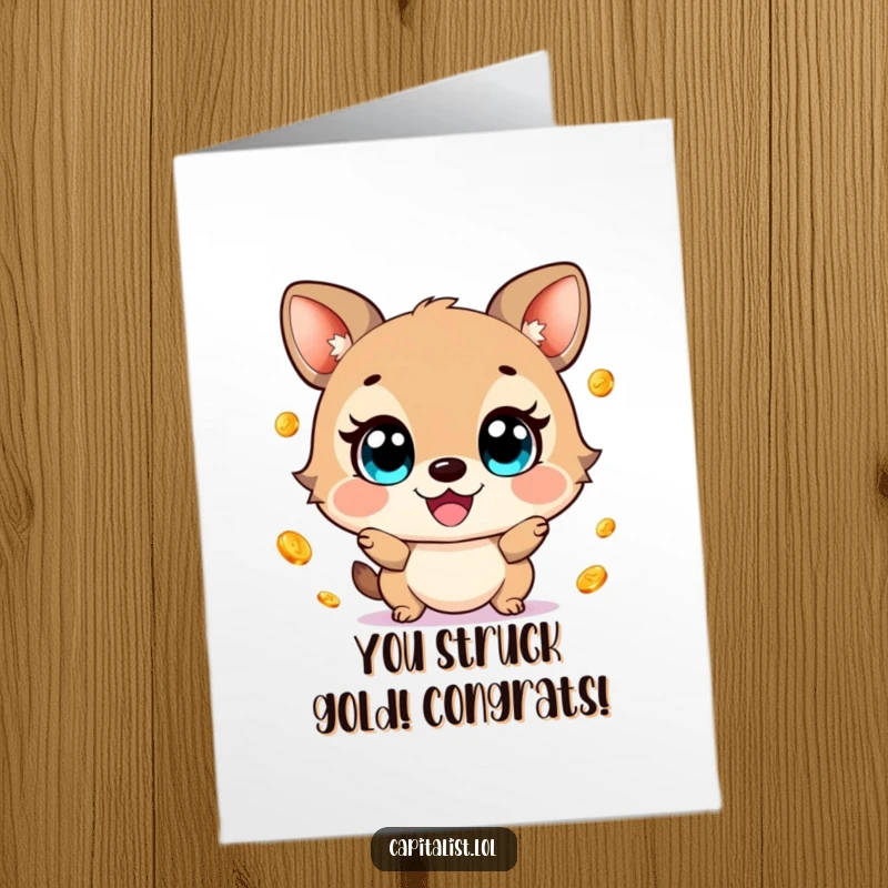 Funny Free Printable Congratulations Card: Cheerful animal with wide eyes energetically juggles shimmering gold coins, celebrating success.