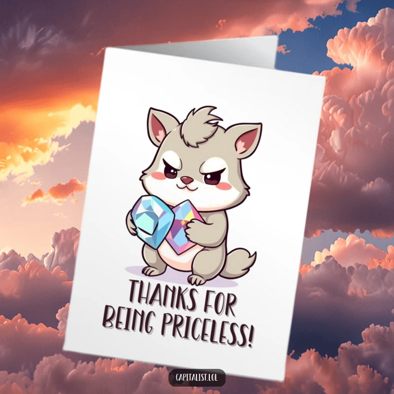 Funny Free Printable Thank You Card: Mischievous animal has a greedy grin while clutching a large, sparkling gemstone.